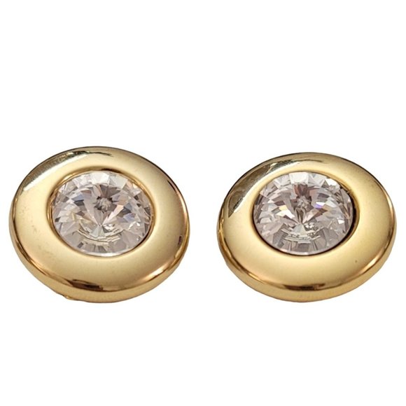 Gold Tone Clear Center Rivoli Rhinestone Clip On Earrings K848 - Picture 2 of 11